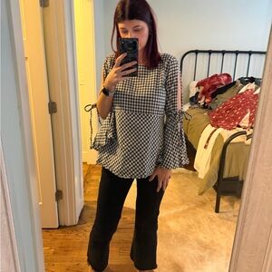 LOFT Black & White Gingham Bell Sleeve Top - size S